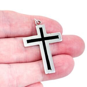 Vintage Sterling Silver 925 Black Onyx Inlay Cross Pendant